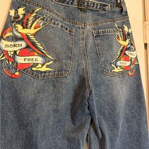 Ed Hardy Denim Wide Leg Jeans with Red, Yellow & Blue Tattoo Graphics